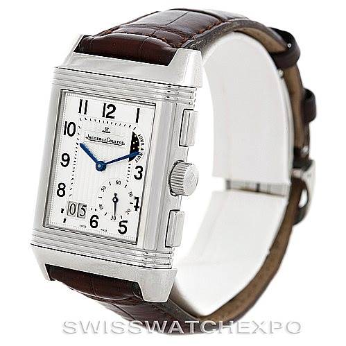 This image shows the front view of a Jaeger LeCoultre Reverso 240.8.18 Men's Stainless Steel Silver Dial 240.8.18 Men's Stainless Steel Silver Dial watch, highlighting its rectangular face, dial, crown, and leather strap.