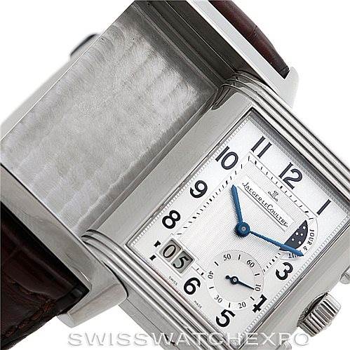 The image shows a close-up angled view of the Jaeger LeCoultre Reverso 240.8.18 Men's Stainless Steel Silver Dial 240.8.18 Men's Stainless Steel Silver Dial watch displaying its face and partially reversed back.