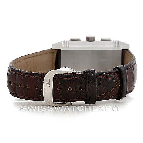 The image shows the back of a Jaeger LeCoultre Reverso 240.8.18 Men's Stainless Steel Silver Dial 240.8.18 Men's Stainless Steel Silver Dial watch, focusing on the leather strap and its clasp.