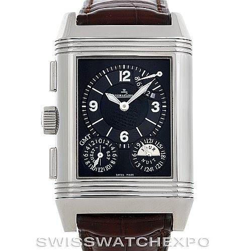 The Jaeger-LeCoultre Reverso watch is shown from the front, highlighting its dial, crown, subdials, and brown leather strap.