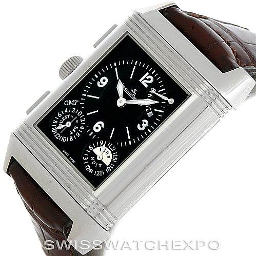The image shows a Jaeger LeCoultre Reverso 240.8.18 Men's Stainless Steel Silver Dial 240.8.18 Men's Stainless Steel Silver Dial watch at an angle highlighting the face, case, and part of the leather strap.
