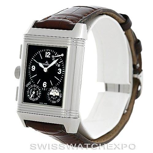 The image shows a Jaeger LeCoultre Reverso 240.8.18 Men's Stainless Steel Silver Dial 240.8.18 Men's Stainless Steel Silver Dial watch at an angled view, highlighting the rectangular face, brown strap, and dual subdials.