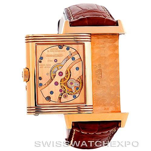 The image shows the back and interior mechanism of the Jaeger-LeCoultre Reverso watch, presented at a slight angle to display details.