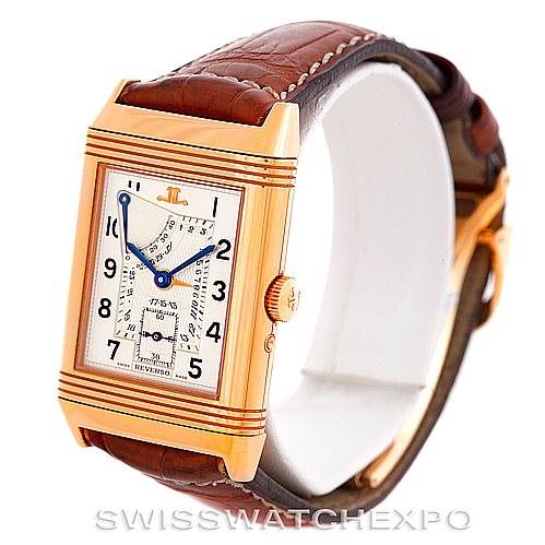 This image shows a front angle of the Jaeger-LeCoultre Reverso watch, highlighting its rectangular case, dial, and leather strap.