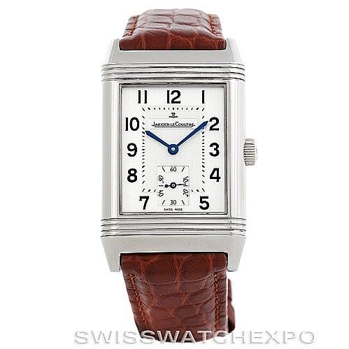 The image shows the front view of a Jaeger-LeCoultre Reverso watch with a brown leather strap.