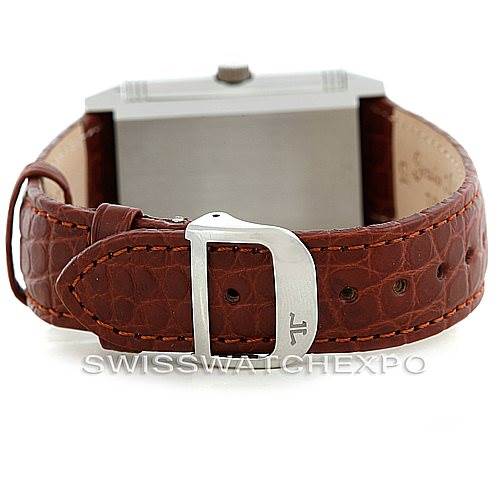 The image shows the back view of a Jaeger LeCoultre Reverso 270.86.2 Men's Stainless Steel Silver Dial 270.86.2 Men's Stainless Steel Silver Dial watch, highlighting the leather strap and metal buckle.