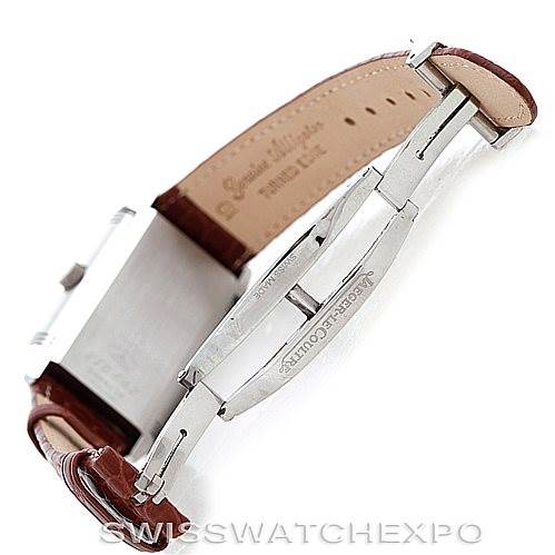 The image shows the Jaeger LeCoultre Reverso 270.86.2 Men's Stainless Steel Silver Dial 270.86.2 Men's Stainless Steel Silver Dial watch's clasp and leather strap from a side angle, highlighting the 'Jaeger LeCoultre' engraving on the clasp.