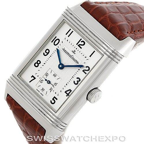 The image shows a Jaeger LeCoultre Reverso 270.86.2 Men's Stainless Steel Silver Dial 270.86.2 Men's Stainless Steel Silver Dial watch at an angled view, displaying the dial, crown, and part of the brown leather strap.