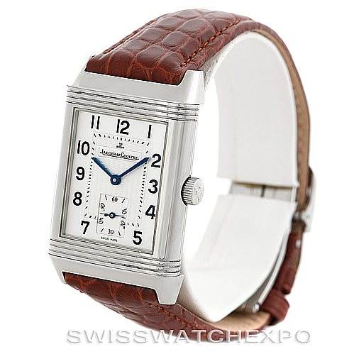 This image shows the Jaeger LeCoultre Reverso 270.86.2 Men's Stainless Steel Silver Dial 270.86.2 Men's Stainless Steel Silver Dial watch at a 3/4 angle, highlighting its face and brown leather strap.