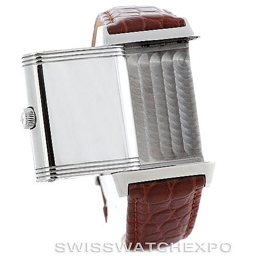 The image shows the side view and articulation of the Jaeger LeCoultre Reverso 270.86.2 Men's Stainless Steel Silver Dial 270.86.2 Men's Stainless Steel Silver Dial watch case with a brown leather strap.