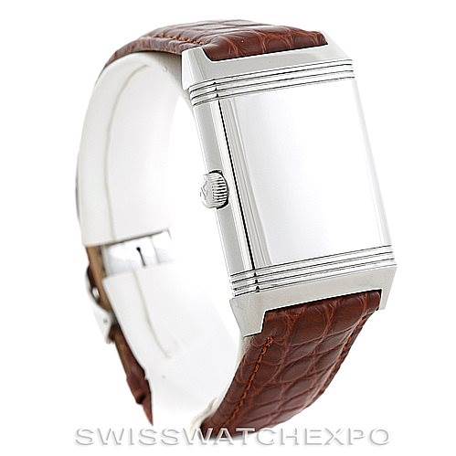 This image shows a side view of the Jaeger-LeCoultre Reverso watch, highlighting its case and crown with a brown leather strap.