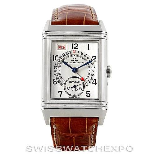 The image shows a front view of a Jaeger-LeCoultre Reverso watch with a brown leather strap and silver rectangular case.