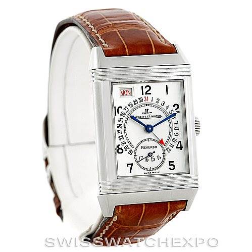 The image shows a front angle view of a Jaeger LeCoultre Reverso 270.8.36 Men's Stainless Steel Silver Dial 270.8.36 Men's Stainless Steel Silver Dial watch with a brown leather strap.