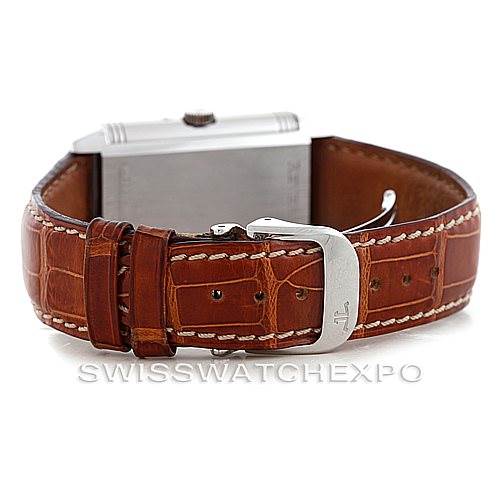 The image shows the back view of a Jaeger LeCoultre Reverso 270.8.36 Men's Stainless Steel Silver Dial 270.8.36 Men's Stainless Steel Silver Dial watch, highlighting the leather strap and buckle.