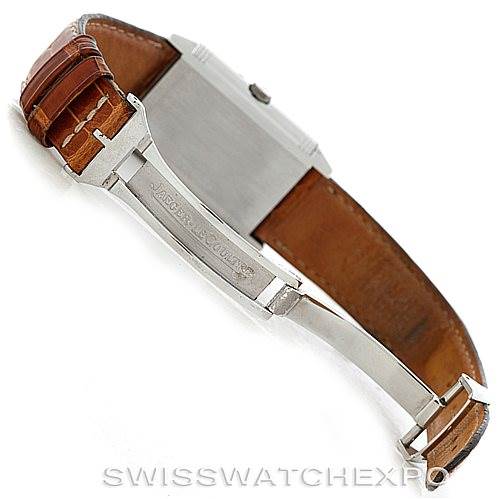 This image shows a side angle of a Jaeger LeCoultre Reverso 270.8.36 Men's Stainless Steel Silver Dial 270.8.36 Men's Stainless Steel Silver Dial watch, highlighting its clasp and leather strap.