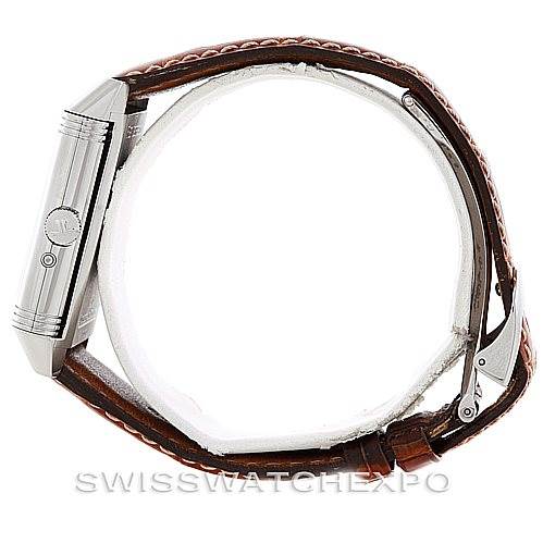 This image shows a side view of the Jaeger-LeCoultre Reverso watch, highlighting its case and brown leather strap.