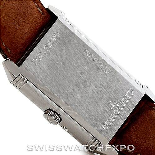 This image shows the back case of a Jaeger-LeCoultre Reverso watch with a leather strap, viewed from an angled top-down perspective.