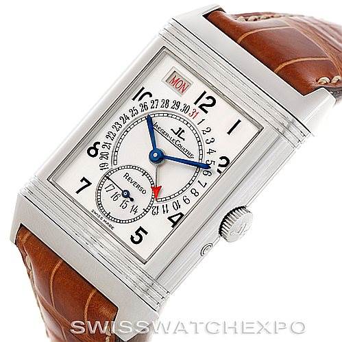 This image shows a Jaeger LeCoultre Reverso 270.8.36 Men's Stainless Steel Silver Dial 270.8.36 Men's Stainless Steel Silver Dial model watch from an angled front view, highlighting the dial, crown, and leather strap.