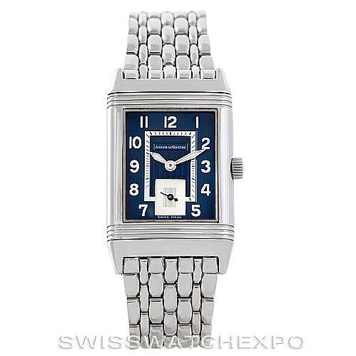 The image shows a Jaeger LeCoultre Reverso 250.8.71 Stainless Steel Blue Dial 250.8.71 Stainless Steel Blue Dial watch with a rectangular face, a blue dial, and a silver metal bracelet, viewed from the front.