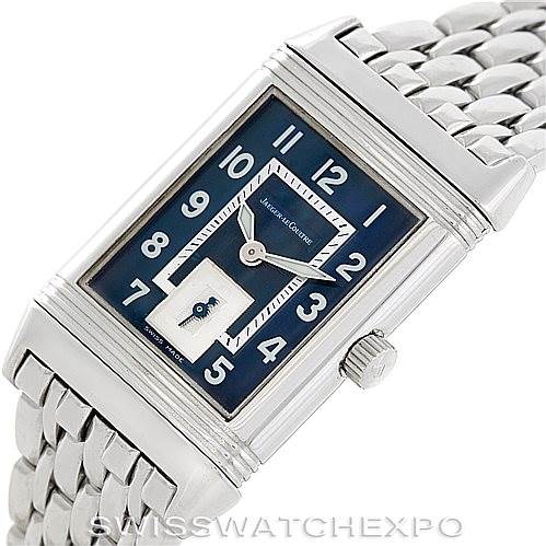 The image shows a Jaeger-LeCoultre Reverso watch at an angled top view, displaying the face and part of the metal bracelet.