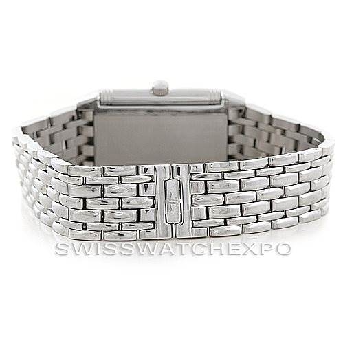 This image shows the rear view of the Jaeger LeCoultre Reverso 250.8.71 Stainless Steel Blue Dial 250.8.71 Stainless Steel Blue Dial watch, focusing on the clasp and bracelet.