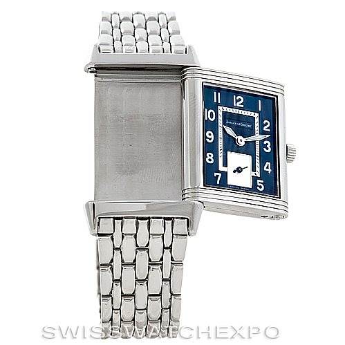 The image shows the Jaeger LeCoultre Reverso 250.8.71 Stainless Steel Blue Dial 250.8.71 Stainless Steel Blue Dial watch with the watch face swiveled to reveal the back panel and a silver metal bracelet.