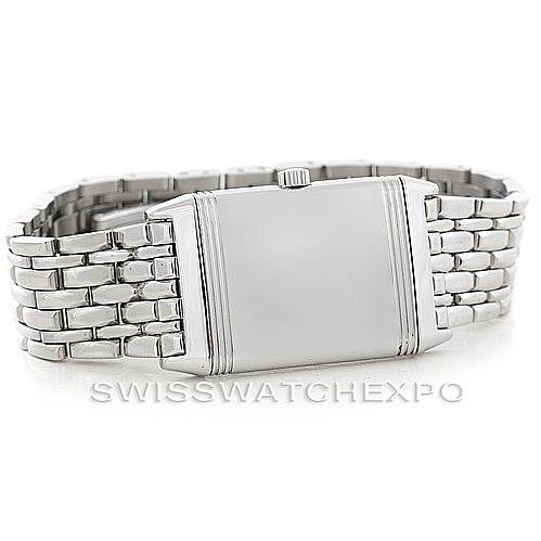 This image shows the side view of the Jaeger LeCoultre Reverso 250.8.71 Stainless Steel Blue Dial 250.8.71 Stainless Steel Blue Dial watch, highlighting its case and metal bracelet.