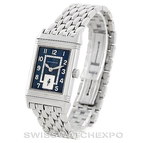 The image shows a Jaeger LeCoultre Reverso 250.8.71 Stainless Steel Blue Dial 250.8.71 Stainless Steel Blue Dial watch at an angled view, highlighting the face, dial, crown, and part of the bracelet.