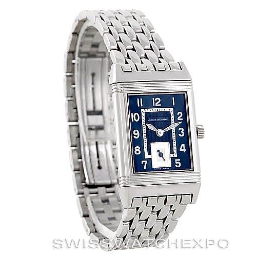 This is a frontal view of a Jaeger LeCoultre Reverso 250.8.71 Stainless Steel Blue Dial 250.8.71 Stainless Steel Blue Dial watch, showcasing its rectangular face and metal bracelet.