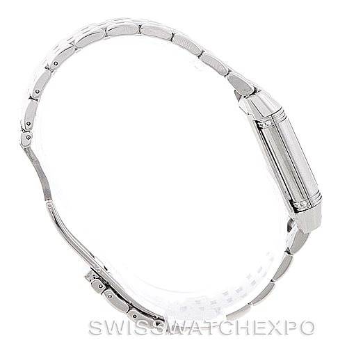 The image shows a side profile of the Jaeger LeCoultre Reverso 266.8.44 Women's Stainless Steel Mother of Pearl Dial 266.8.44 Women's Stainless Steel Mother of Pearl Dial watch and its metal bracelet.