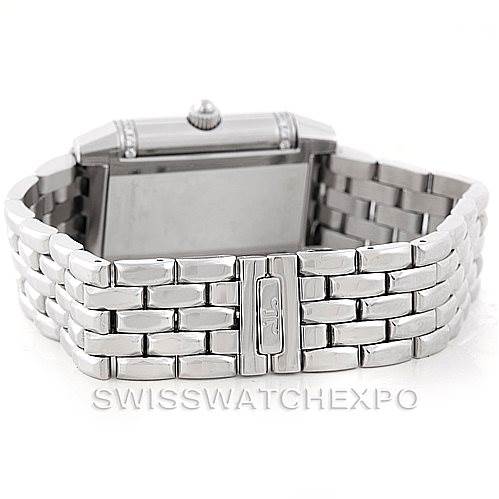 This image shows the back view of the Jaeger LeCoultre Reverso 266.8.44 Women's Stainless Steel Mother of Pearl Dial 266.8.44 Women's Stainless Steel Mother of Pearl Dial watch, highlighting its metal bracelet and clasp.