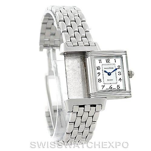 The image shows a Jaeger LeCoultre Reverso 266.8.44 Women's Stainless Steel Mother of Pearl Dial 266.8.44 Women's Stainless Steel Mother of Pearl Dial watch at a three-quarter angle, highlighting its square face and metal bracelet.