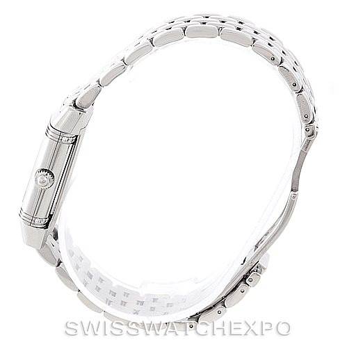 The image shows a side profile angle of a Jaeger LeCoultre Reverso 266.8.44 Women's Stainless Steel Mother of Pearl Dial 266.8.44 Women's Stainless Steel Mother of Pearl Dial watch, highlighting the case and bracelet.