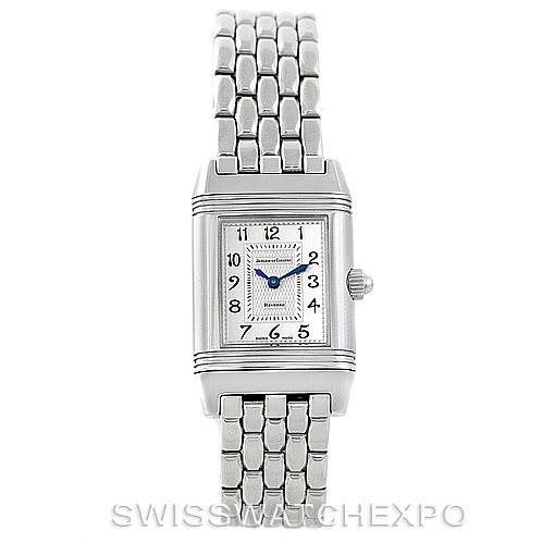 This image shows a front view of the Jaeger-LeCoultre Reverso watch with a visible dial and metal bracelet.