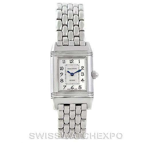 This image shows a front view of the Jaeger-LeCoultre Reverso watch with a visible dial and metal bracelet.