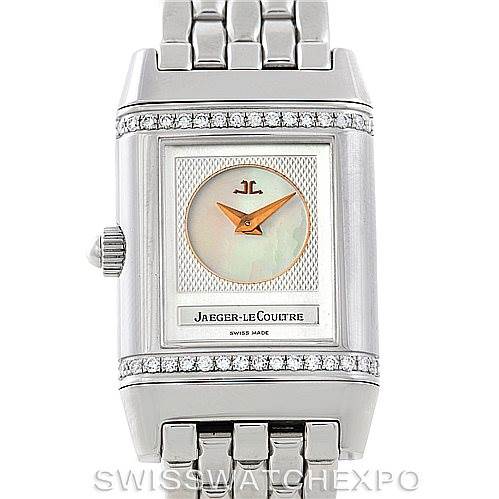 This image shows a front view of a Jaeger LeCoultre Reverso 266.8.44 Women's Stainless Steel Mother of Pearl Dial 266.8.44 Women's Stainless Steel Mother of Pearl Dial watch, highlighting its face, dial, and bracelet.