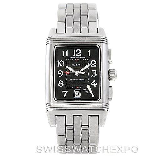 The image shows a front view of the Jaeger LeCoultre Reverso 295.8.59 Men's Stainless Steel Black Dial 295.8.59 Men's Stainless Steel Black Dial watch, displaying its rectangular black dial, silver bracelet, and crown side.