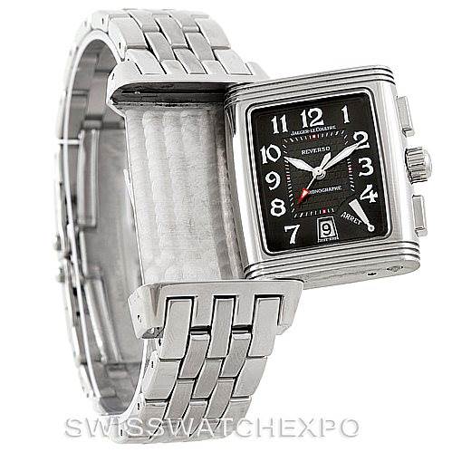 The image shows a Jaeger LeCoultre Reverso 295.8.59 Men's Stainless Steel Black Dial 295.8.59 Men's Stainless Steel Black Dial watch with a partially rotated case and an open stainless steel bracelet.