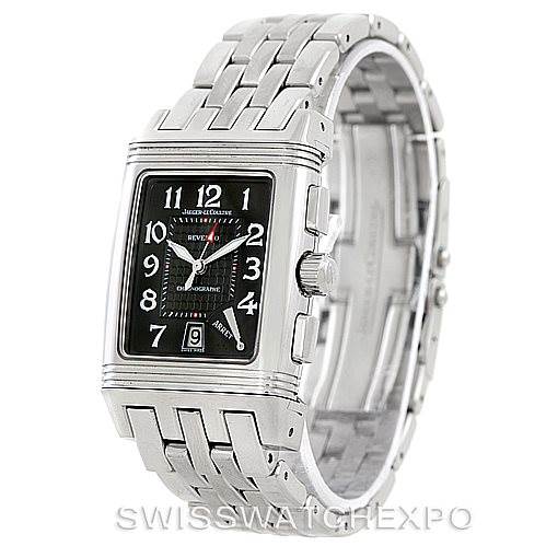 The image shows a Jaeger LeCoultre Reverso 295.8.59 Men's Stainless Steel Black Dial 295.8.59 Men's Stainless Steel Black Dial watch at a three-quarter angle, highlighting the face, crown, and bracelet.