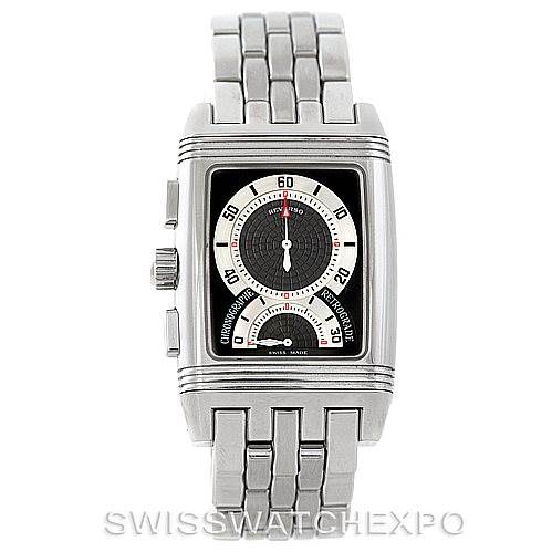 This image shows a front-facing view of the Jaeger-LeCoultre Reverso watch, highlighting the dial and metal bracelet.