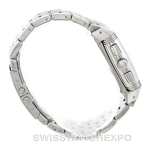 The image shows a side view of the Jaeger-LeCoultre Reverso watch, highlighting the case, bezel, crown, and part of the bracelet.