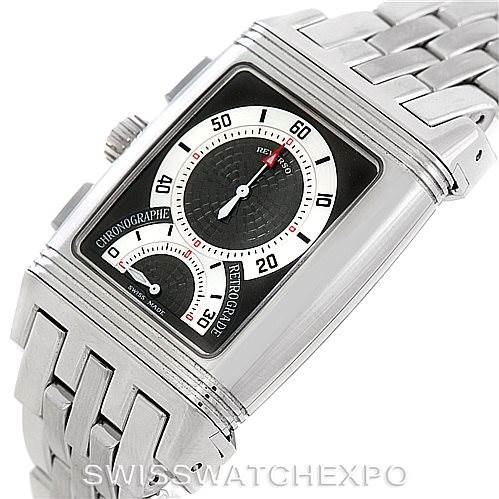 The image shows a Jaeger-LeCoultre Reverso watch at a slight angle, highlighting its dial, crown, and part of the metal bracelet.