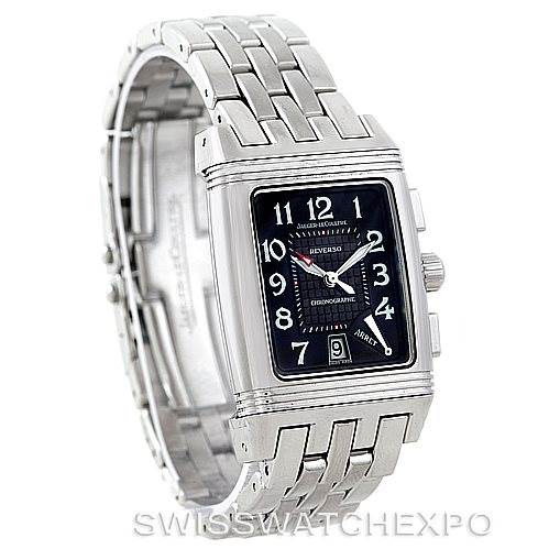 This image shows a Jaeger LeCoultre Reverso 295.8.59 Men's Stainless Steel Black Dial 295.8.59 Men's Stainless Steel Black Dial watch at a three-quarter angle, displaying the face, crown, and metal bracelet.