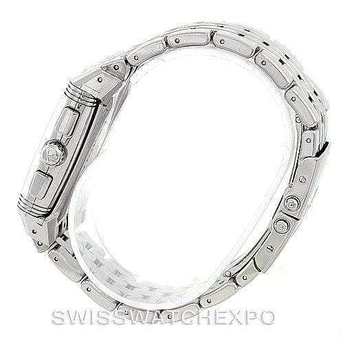 This image shows a side view of a Jaeger-LeCoultre Reverso watch, highlighting the crown, side buttons, and bracelet links.