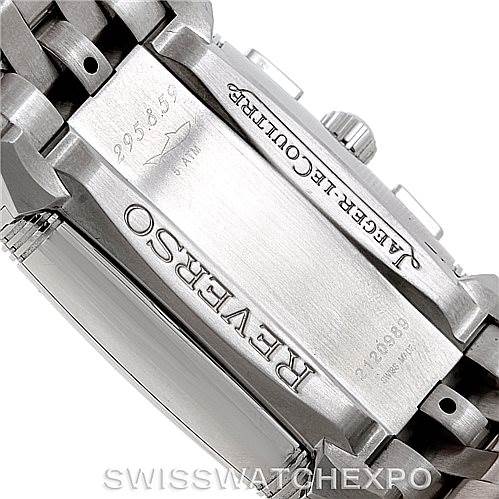 This image shows the back case and part of the strap of a Jaeger LeCoultre Reverso 295.8.59 Men's Stainless Steel Black Dial 295.8.59 Men's Stainless Steel Black Dial watch, viewed from a close-up angle.