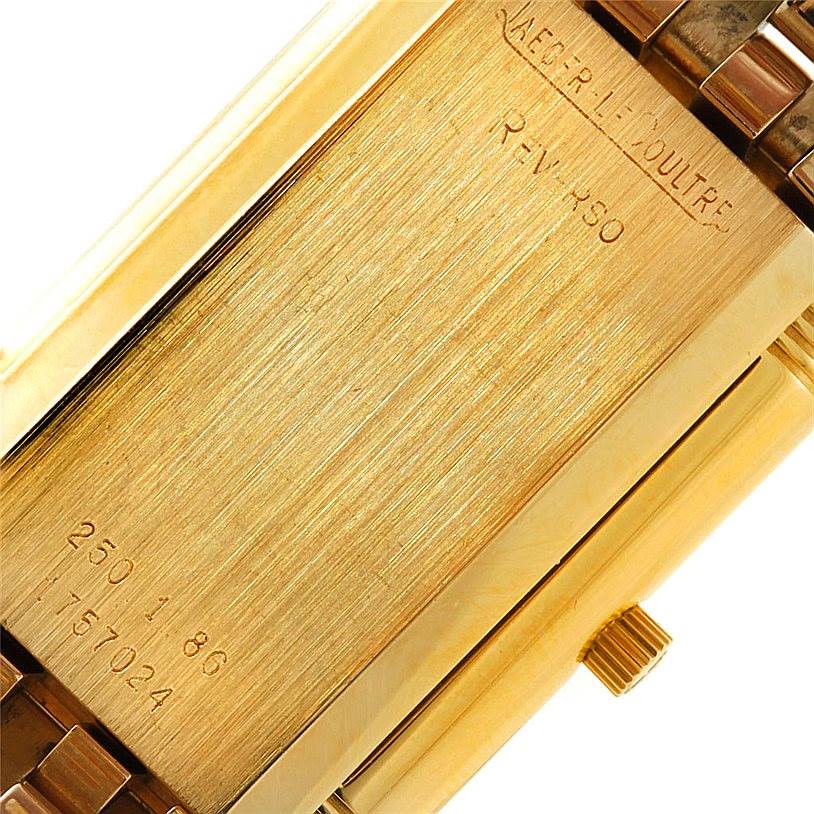 This image shows the back case and crown of a Jaeger LeCoultre Reverso 250.1.86 Men
s Yellow Gold Silver Dial 250.1.86 Men
s Yellow Gold Silver Dial watch from a close-up angle.
