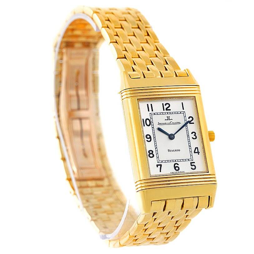 The image shows a Jaeger LeCoultre Reverso 250.1.86 Men
s Yellow Gold Silver Dial 250.1.86 Men
s Yellow Gold Silver Dial watch at a slight angle, displaying the dial and gold bracelet.