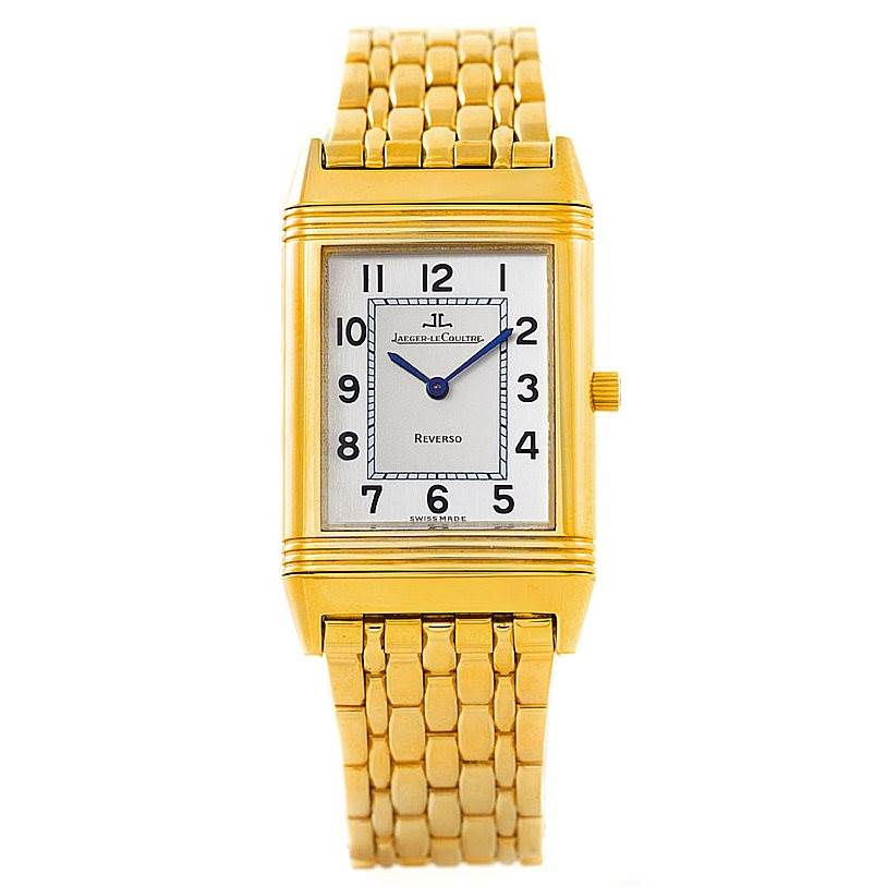 This image shows a front view of the Jaeger LeCoultre Reverso 250.1.86 Men
s Yellow Gold Silver Dial 250.1.86 Men
s Yellow Gold Silver Dial watch, highlighting its face, dial, and bracelet.