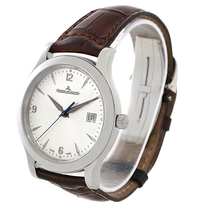 The image shows the front and right side of a Jaeger-LeCoultre Master watch, highlighting its face, case, crown, and leather strap.