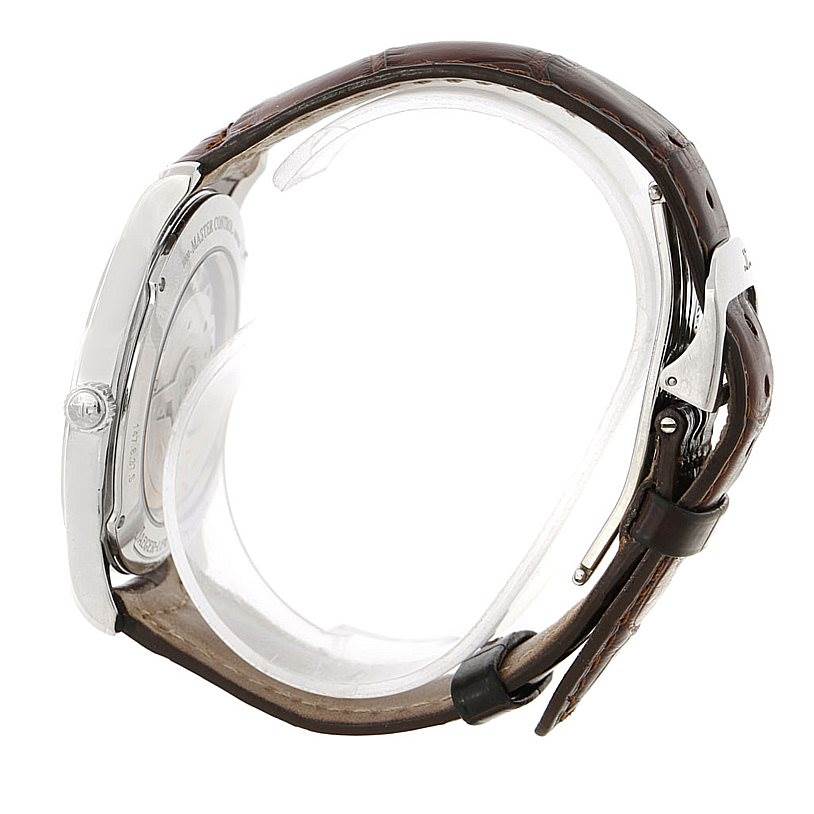 The image shows a side view of a Jaeger-LeCoultre Master model watch, highlighting its brown leather strap and part of the caseback.